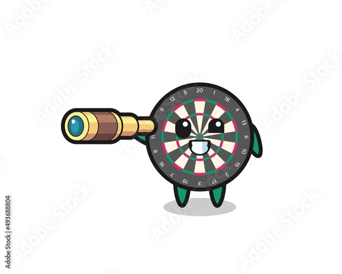 cute dart board character is holding an old telescope
