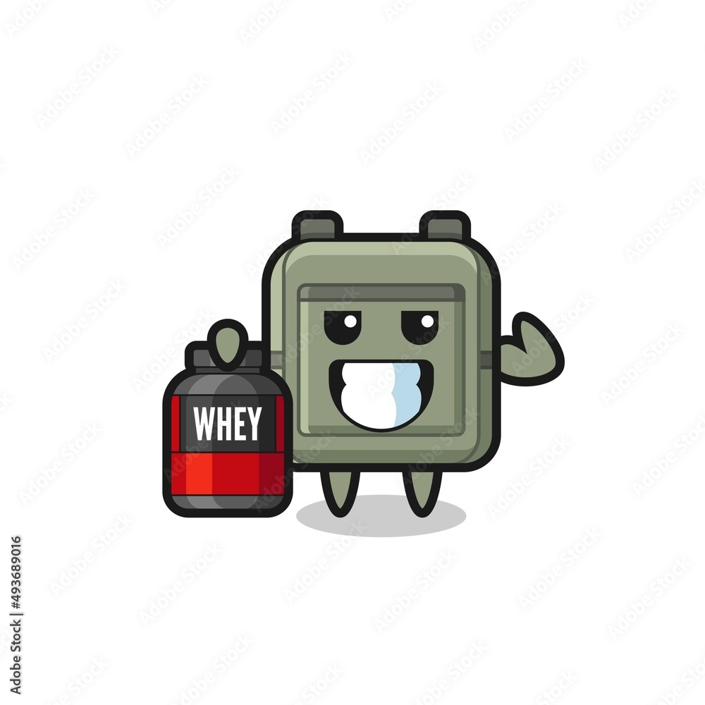 the muscular school bag character is holding a protein supplement the muscular school bag character is holding a protein supplement