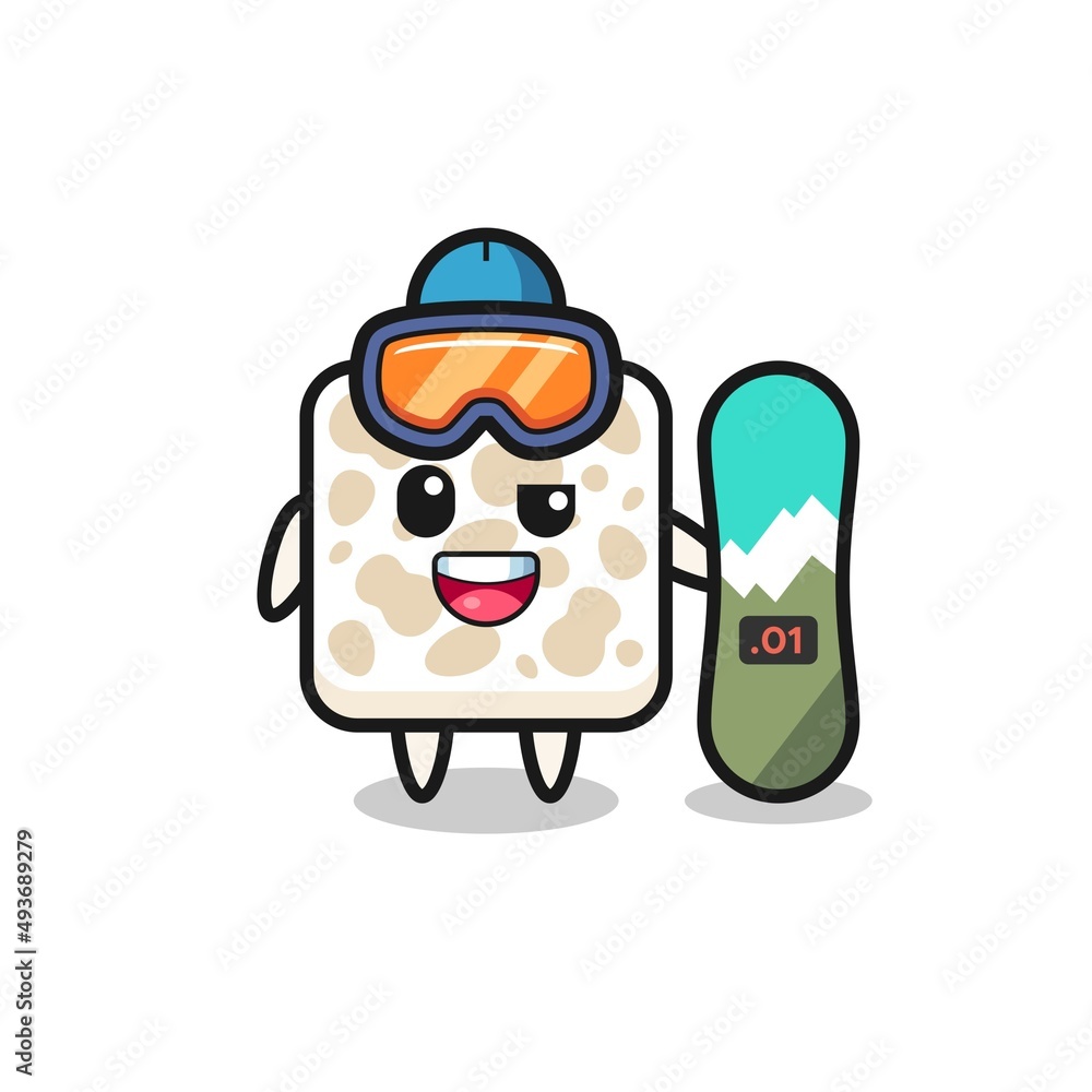Illustration of tempeh character with snowboarding style