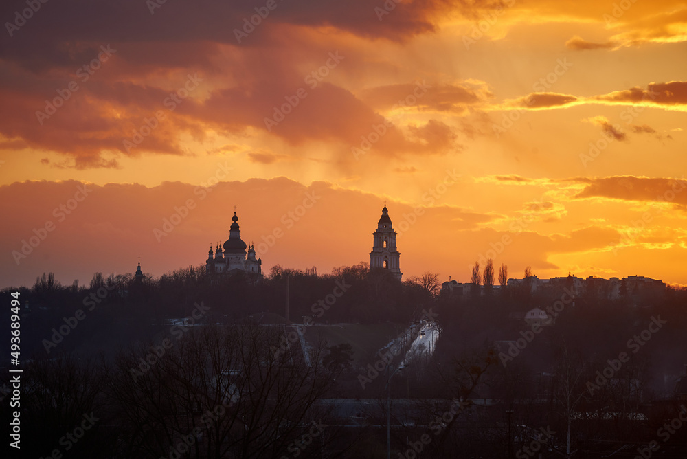 St. Trinity cathedral in ancient Chernihiv Ukraine at the sunset