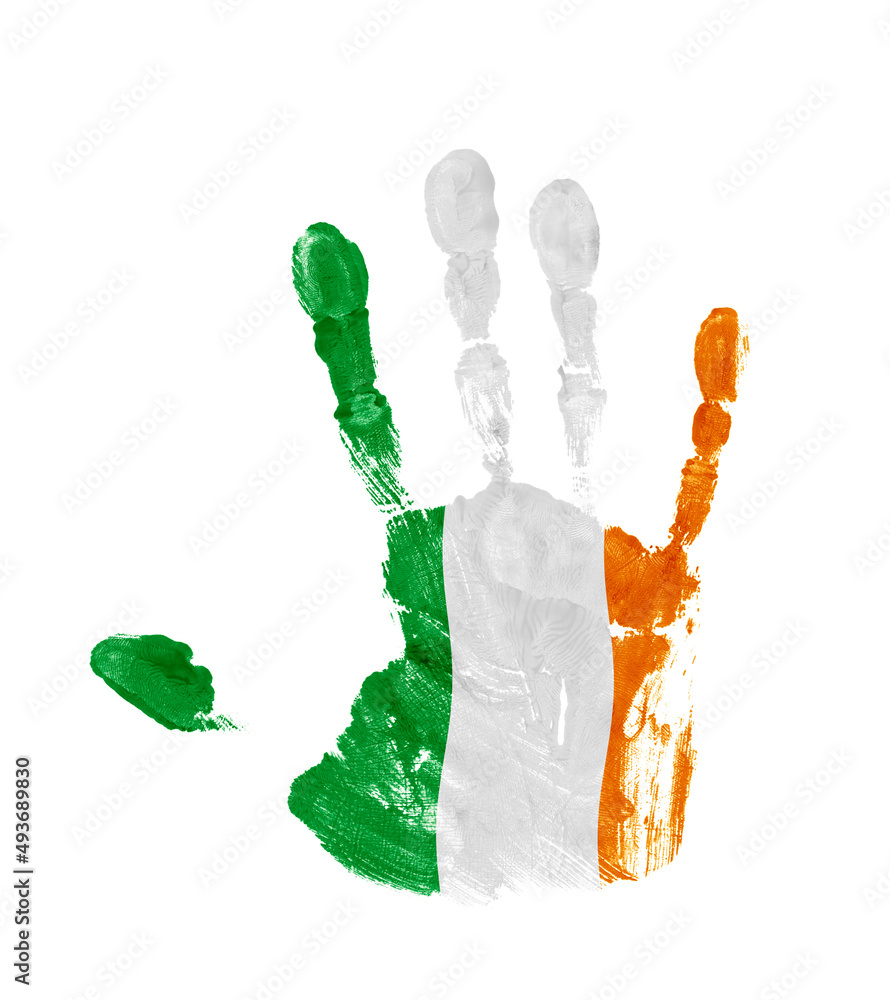 Handprint with the colors of the Irish flag isolated on white background Handprint with the colors of the Irish flag isolated on white background