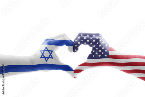 фотографія Two hands in the form of heart with United States and Israeli flag isolated on w