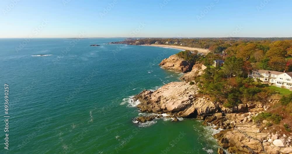 Flying over the rocky coast and Singing Beach in town of Manchester by the Sea, Massachusetts MA, USA. Flying over the rocky coast and Singing Beach in town of Manchester by the Sea, Massachusetts MA, USA.