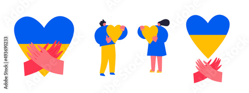 Stand with Ukraine. People, man and woman holding Ukrainian heart. Blue yellow flat vector illustration. Ukrainian flag. Victory. Blue yellow poster. No war