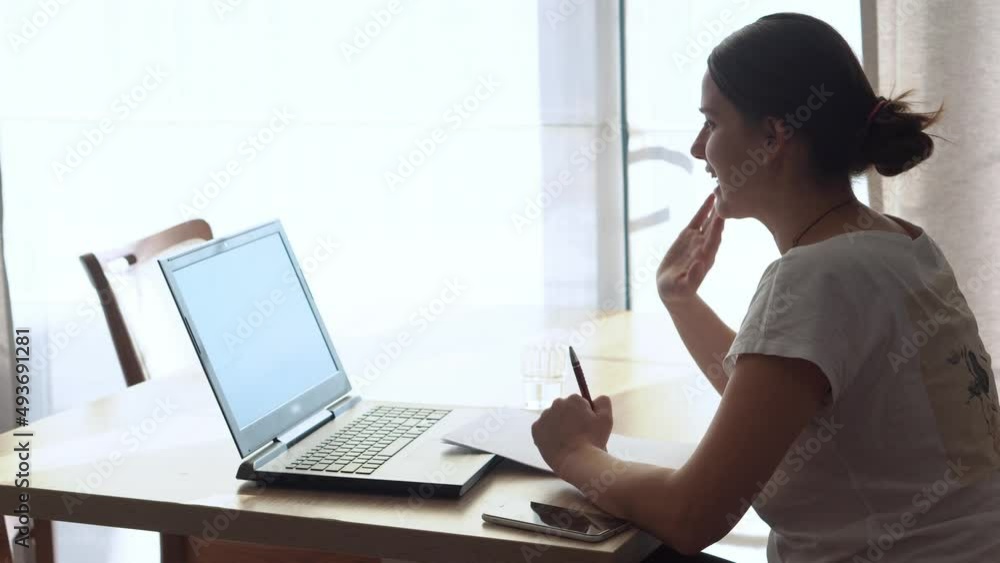 Authentic Caucasian Young Woman Chatting On Laptop At Home In Living Room. Writing Searching Using IT At Desk. Happy Lady Working On Computer Browsing Internet. Buisenes, Education, Technology Concept Authentic Caucasian Young Woman Chatting On Laptop At Home In Living Room. Writing Searching Using IT At Desk. Happy Lady Working On Computer Browsing Internet. Buisenes, Education, Technology Concept