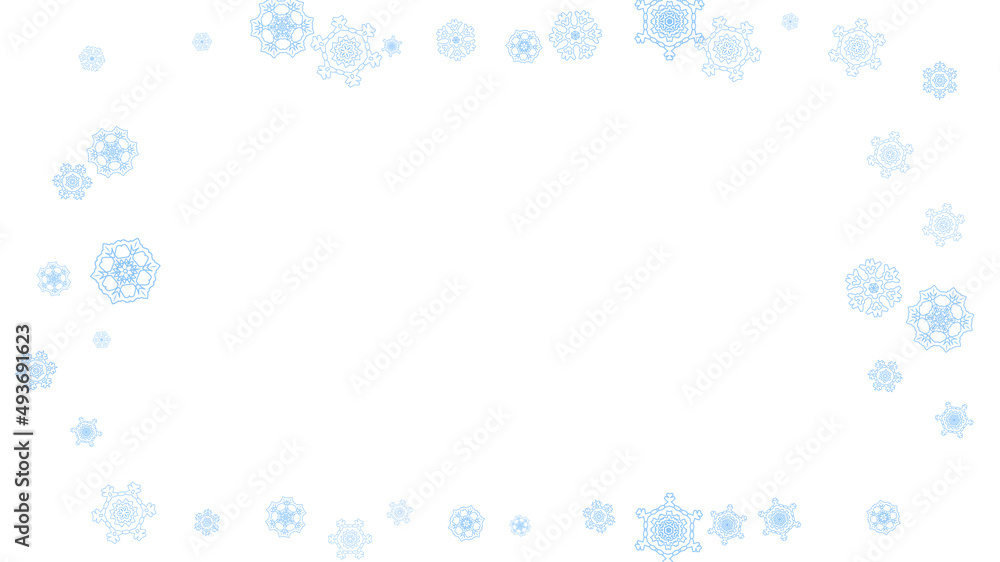 Winter frame with blue snowflakes for Christmas and New Year celebration. Horizontal winter frame on white background for banners, gift coupons, vouchers, ads, party events. Falling frosty snow. Winter frame with blue snowflakes for Christmas and New Year celebration. Horizontal winter frame on white background for banners, gift coupons, vouchers, ads, party events. Falling frosty snow.
