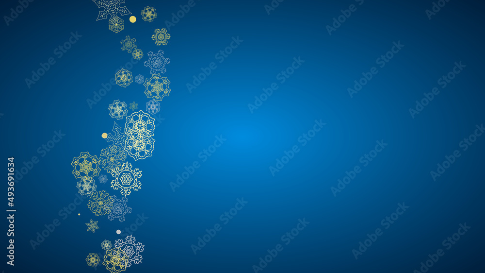 New Year frame with gold snowflakes on blue background. Horizontal Christmas and New Year frame for gift certificate, ads, banner, flyer, sales offers, event invitations. Glitter snow with sparkle New Year frame with gold snowflakes on blue background. Horizontal Christmas and New Year frame for gift certificate, ads, banner, flyer, sales offers, event invitations. Glitter snow with sparkle