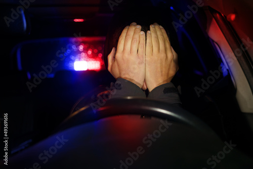Εκτύπωση καμβά Road police with flashing lights stopped sad man driver