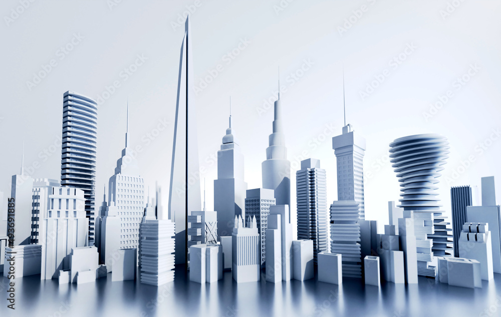 Beautiful modern city panorama with skyscrapers, office and residential buildings. 3D rendering illustration Beautiful modern city panorama with skyscrapers, office and residential buildings. 3D rendering illustration