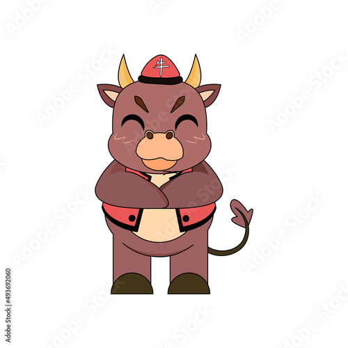 Isolated cute ox with traditional chinese clothes Zodiac sign Vector illustration