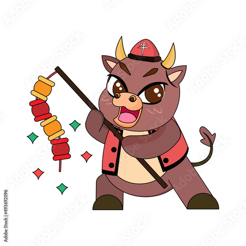 Isolated cute ox with traditional chinese clothes Zodiac sign Vector illustration