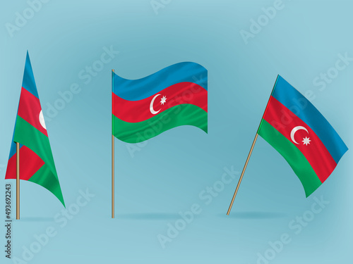 National flag of Azerbaijan .Waving flag of Azerbaijan from different angle