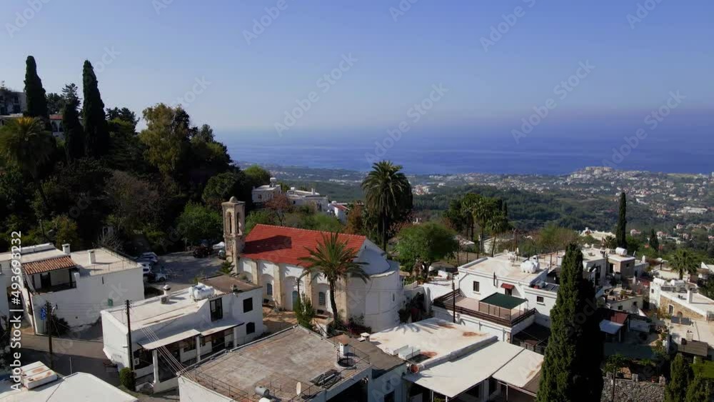 Aerial 4k view of fantastic Karmi Village in North Cyprus surrounded with amazing green nature and picturesque landscape of Kyrenia City. Aerial 4k view of fantastic Karmi Village in North Cyprus surrounded with amazing green nature and picturesque landscape of Kyrenia City.