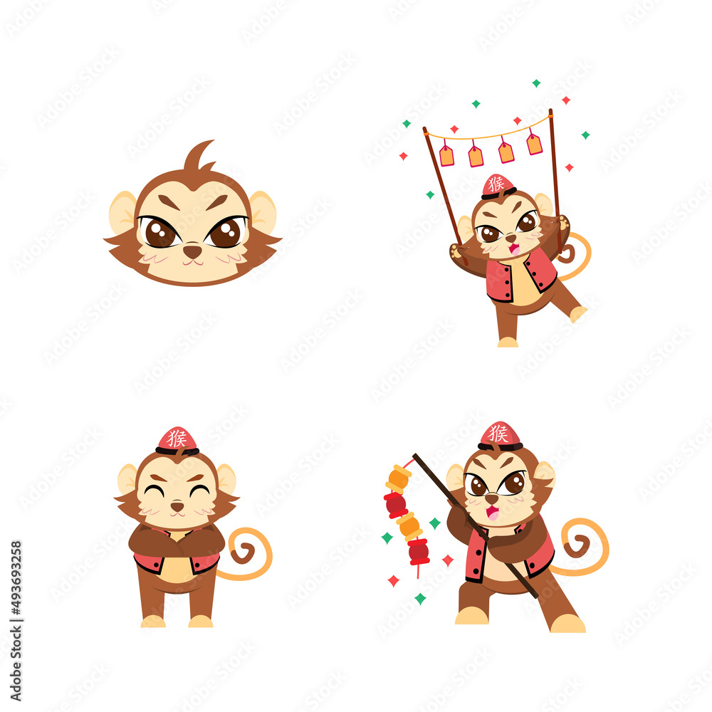 Naklejka premium Set of cute monkey cartoon with traditional clothes Zodiac sign Vector illustration