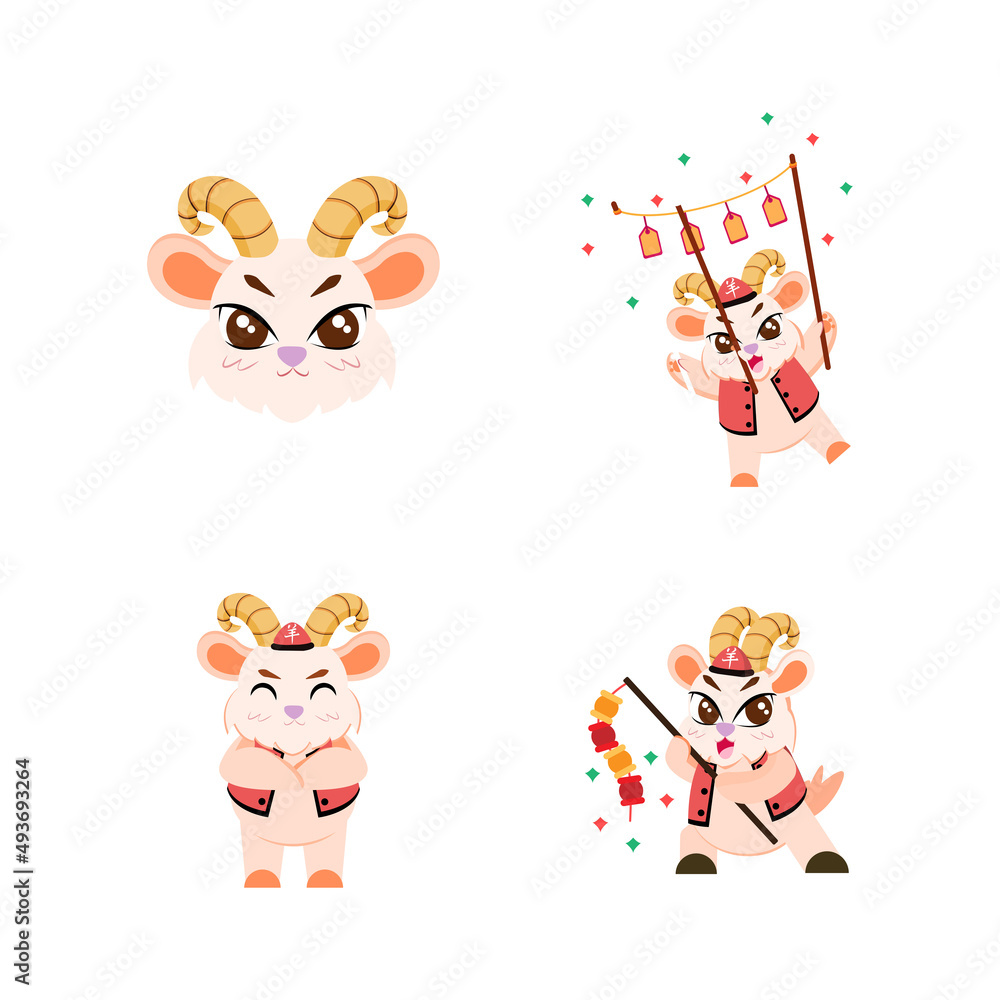 Set of cute goat cartoon with traditional clothes Zodiac sign Vector illustration