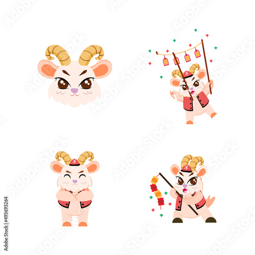 Set of cute goat cartoon with traditional clothes Zodiac sign Vector illustration