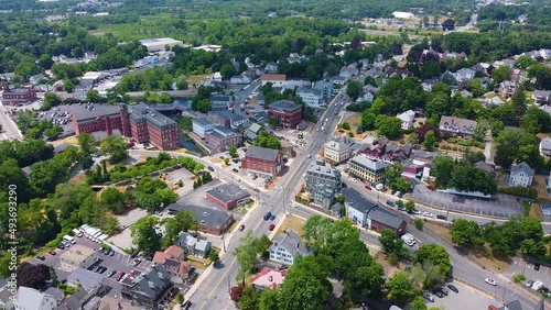 Methuen historic city center aerial view including Broadway and Spicket Falls Historic Site on Spicket River, Methuen, Massachusetts MA, USA.  photo