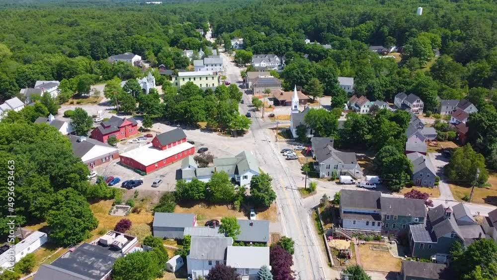 Raymond town center aerial view including Town Hall, Lyman Memorial Park and Congregational Church, Raymond, New Hampshire NH, USA. Raymond town center aerial view including Town Hall, Lyman Memorial Park and Congregational Church, Raymond, New Hampshire NH, USA.