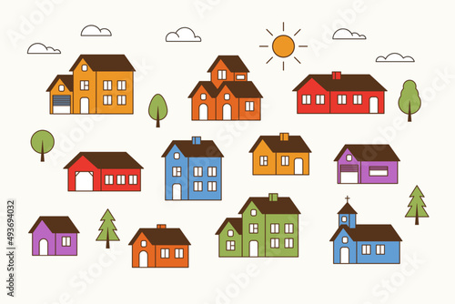 Set of isolated cute tiny houses, sun, clouds and trees in Scandinavian style. Trendy urban and village homes with windows, roof tiles and chimneys. Colored flat vector illustration.
