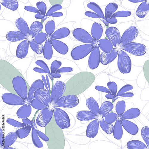 Seamless pattern floral with Frangipani flowers color of the year 2022 background.Vector illustration hand drawn line art.fabric textile print design