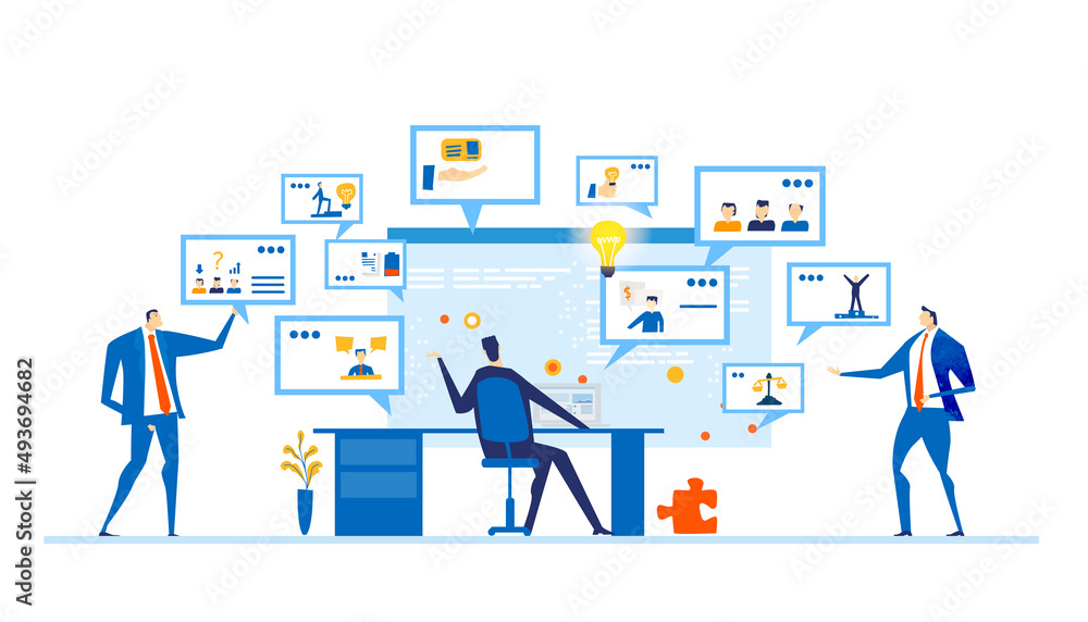 Online conference, business monitoring, international connection connections, working online. Business concept illustration
