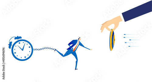 Businessman chained to time and trying to run forward. Financial responsibility, stress, economy crisis. Business concept illustration