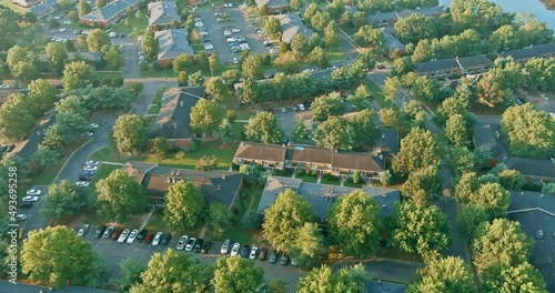 Aerial over viewed at sunlight the an apartment complex community near river, America small town of Sayreville New Jersey US photo