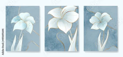 Luxury floral blue background with golden elements. Botanical set of posters in a watercolor style for decoration, invitations, wallpaper design