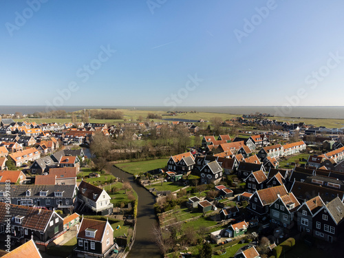 Aerial view on small Dutch town Marken with wooden houses located on former island in North Holland, Netherlands