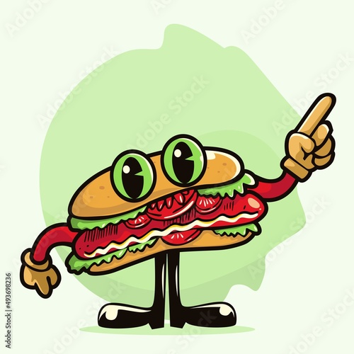 Hotdog cartoon character standing with hands raised