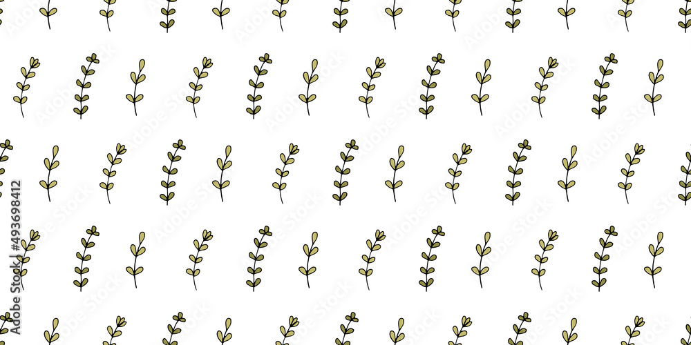 Vector surface design. Colored seamless pattern with doodle flowers. Nature eco concept. Petals, stems, leaves. Hand drawn background. For printing on fabric and paper. Backdrop for cards invitations.
