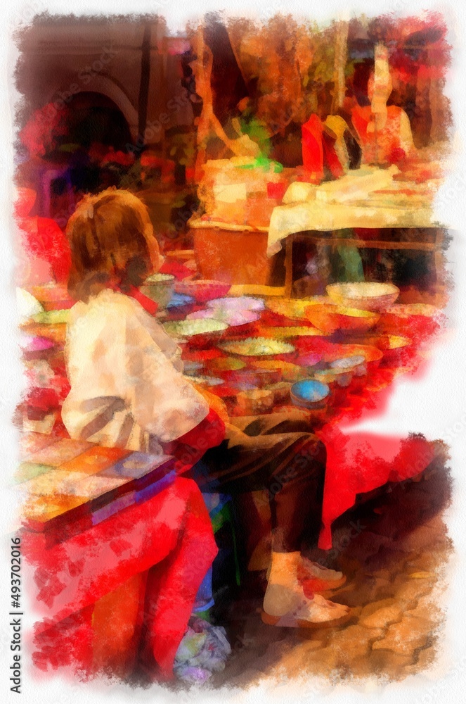 Landscape of Chiang Mai Walking Market in Thailand watercolor style illustration impressionist painting.