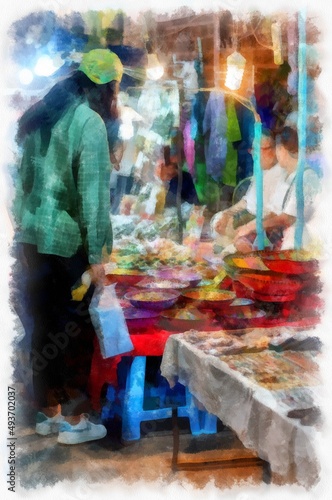 Landscape of Chiang Mai Walking Market in Thailand watercolor style illustration impressionist painting. © Kittipong