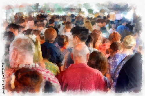 Landscape of Chiang Mai Walking Market in Thailand watercolor style illustration impressionist painting.