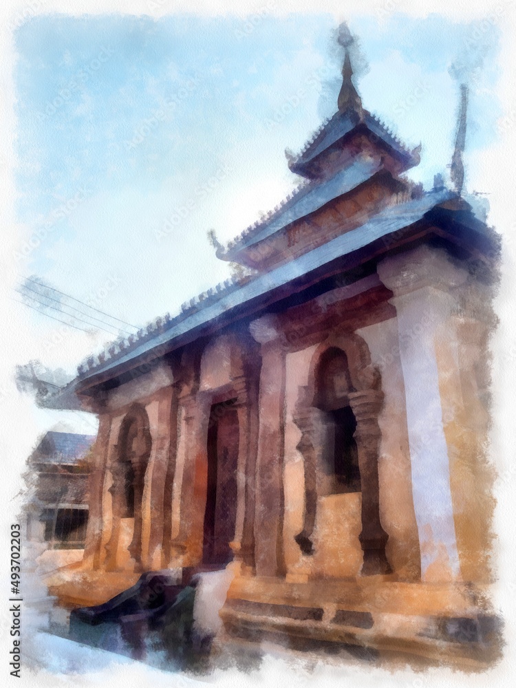 Landscape of ancient northern architecture in Chiang Mai Thailand watercolor style illustration impressionist painting. Landscape of ancient northern architecture in Chiang Mai Thailand watercolor style illustration impressionist painting.