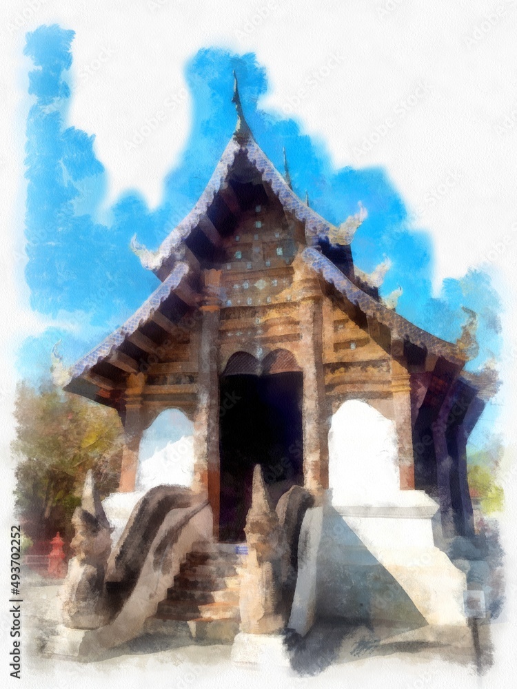 Landscape of ancient northern architecture in Chiang Mai Thailand watercolor style illustration impressionist painting. Landscape of ancient northern architecture in Chiang Mai Thailand watercolor style illustration impressionist painting.