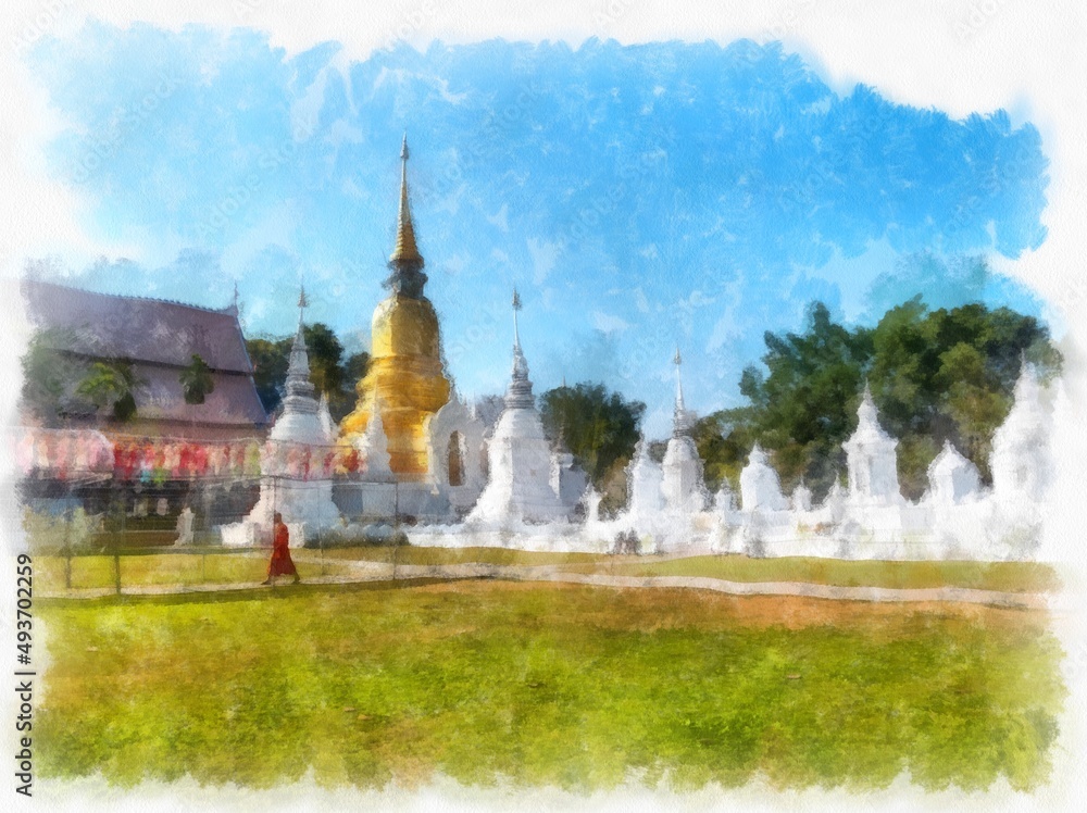Landscape of ancient northern architecture in Chiang Mai Thailand watercolor style illustration impressionist painting.