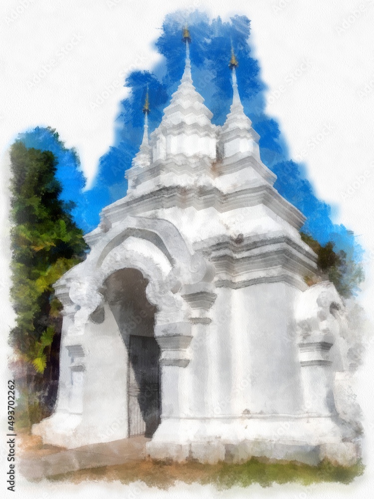 Landscape of ancient northern architecture in Chiang Mai Thailand watercolor style illustration impressionist painting.