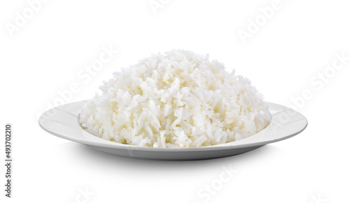 rice in white plate isolated on white background