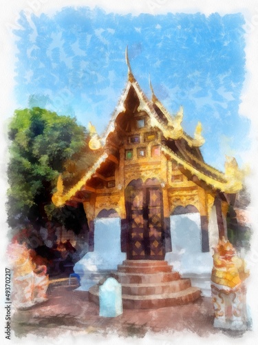 Landscape of ancient northern architecture in Chiang Mai Thailand watercolor style illustration impressionist painting. © Kittipong