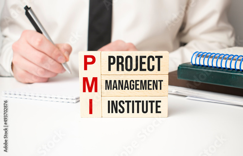 Wooden cubes with the letters PMI arranged in a vertical pyramid on banknotes, green plant in a flower pot on the background. PMI - short for Project Management Institute, business concept. photo