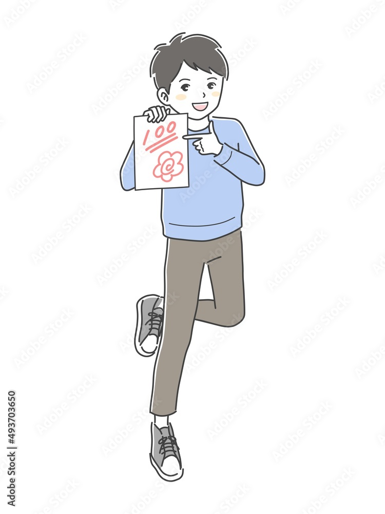 テストで100点をとって喜ぶ男の子のイラスト素材