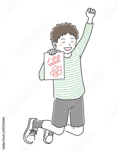 テストで100点をとって喜ぶ男の子のイラスト素材