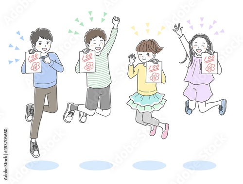 テストで100点をとって喜ぶ男女のイラスト素材