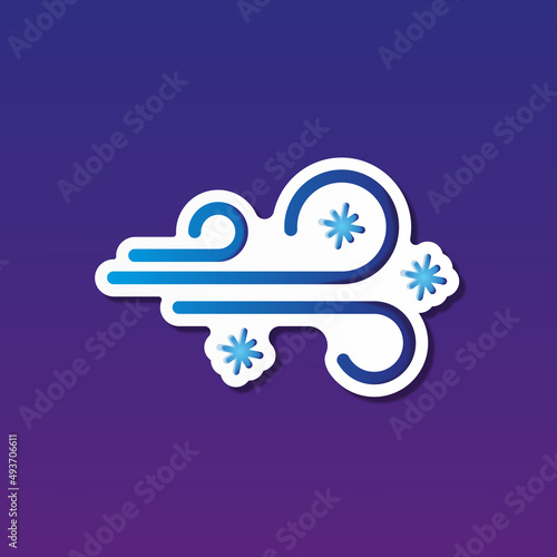vector illustration, sticker icon of gusts of cold wind with snowflakes for website or weather app