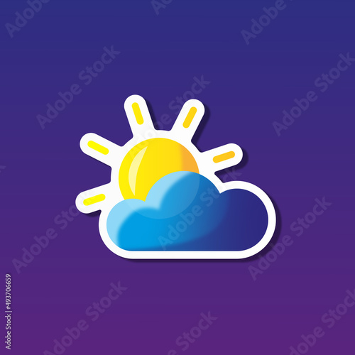 vector illustration, sticker icon of shining sun behind the cloud for website or weather app