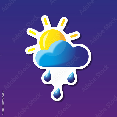 vector illustration, sticker icon of shining sun behind the rain cloud for website or weather app
