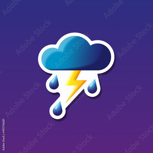 vector illustration, sticker icon of thundercloud with lightning and rain for website or weather app