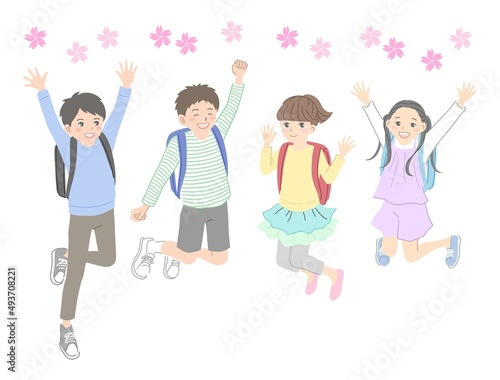 ランドセルを背負ってジャンプする男女のイラスト素材