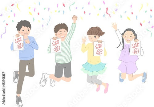 テストで100点をとって喜ぶ男女のイラスト素材